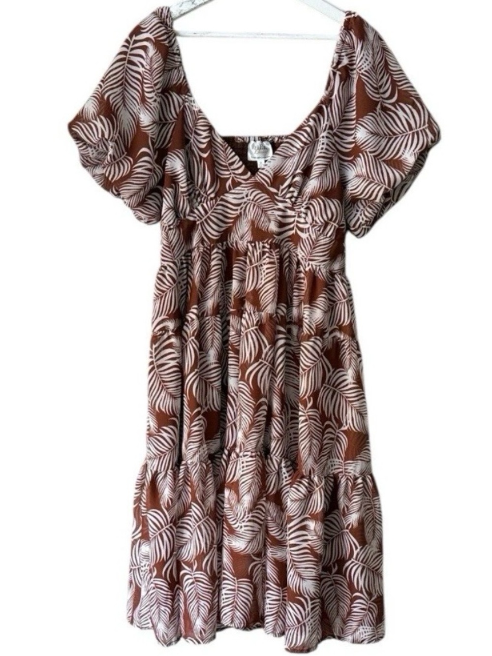 Her Destiny Brown Palm Leaf-Print Tiered Off the Shoulder Summer Dress Size M